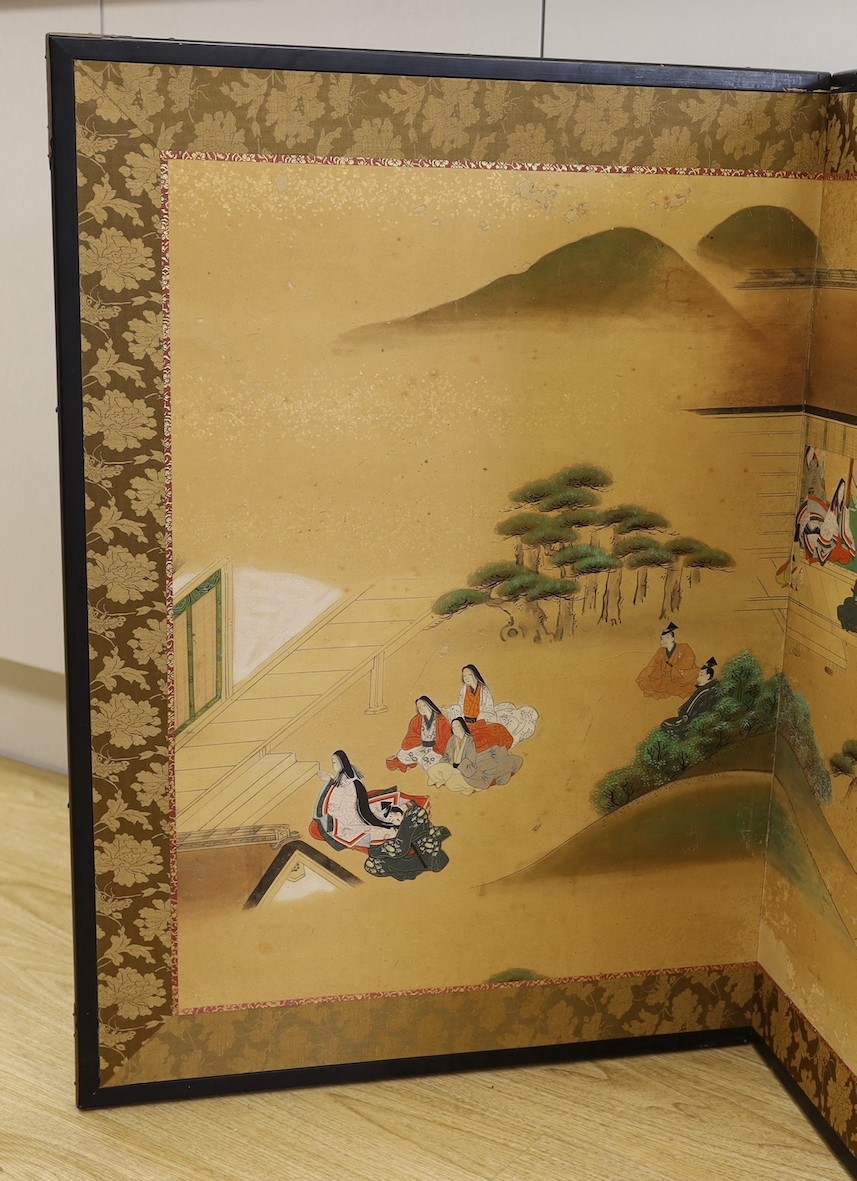 A 19th century Japanese four-leaf painted screen, later remounted, 216cm long